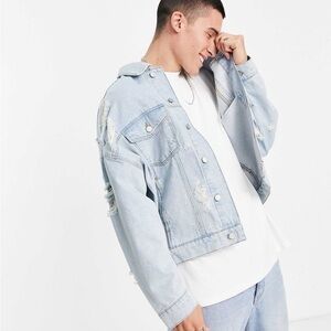 ASOS Oversized Denim Jacket In Mid Wash Blue With Rips